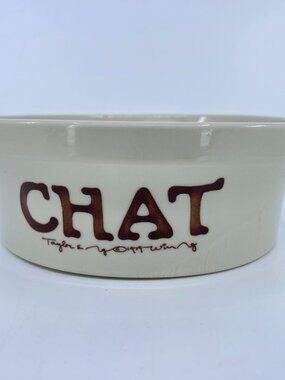 vintage taylor & ng ceramic cat bowl with "chat" text & mouse design 1979